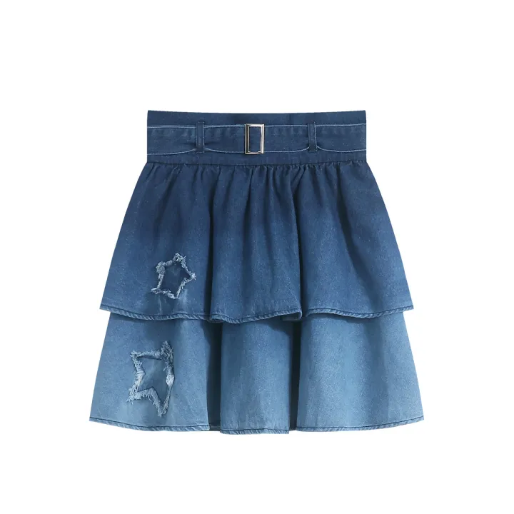 Gradient Wash Star Denim Skirt & Top Set