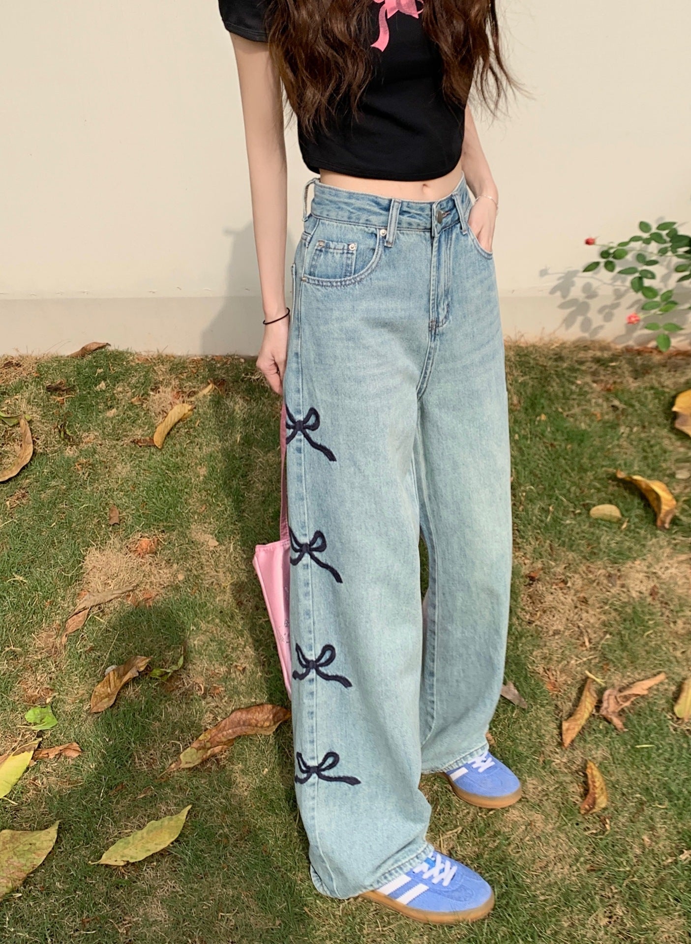 Side Bows Denim Wide Leg Jeans