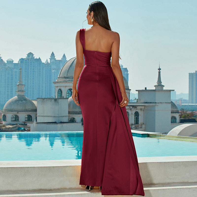 Burgundy One Shoulder Slit Maxi Dress