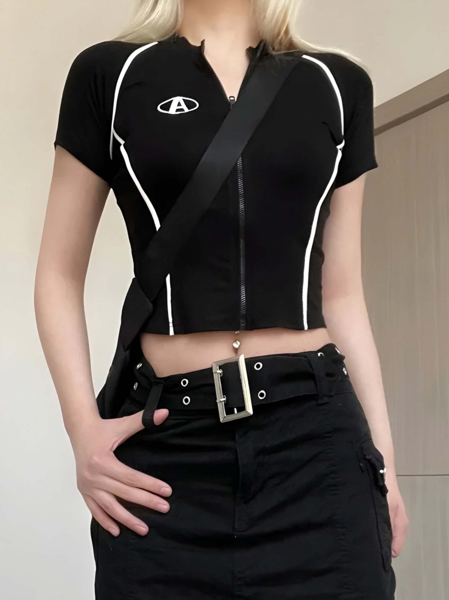 Athletic Stripes Zip-Up Crop Top