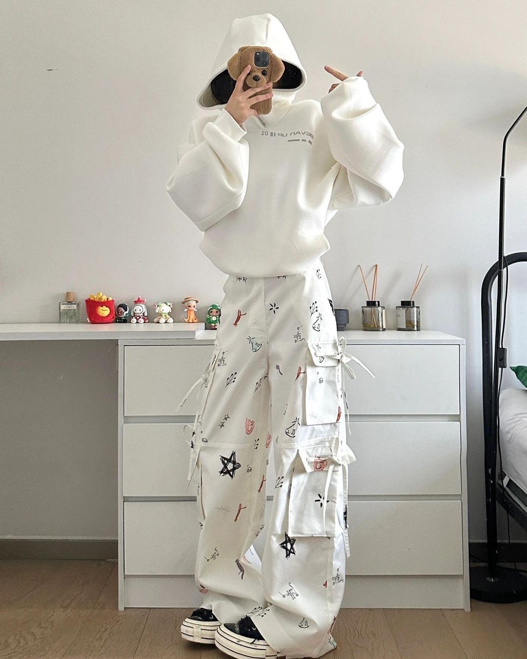 White Doodles Print Cargo Pants