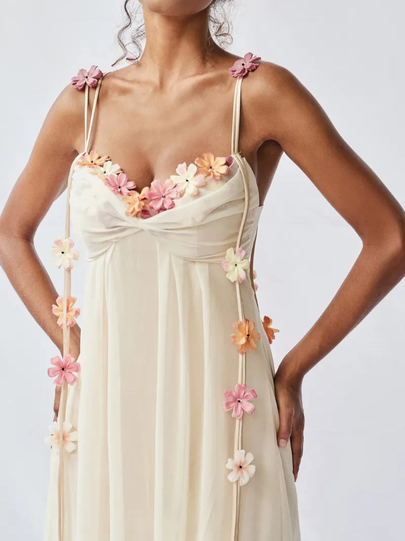 Draping Floral Applique Maxi Dress