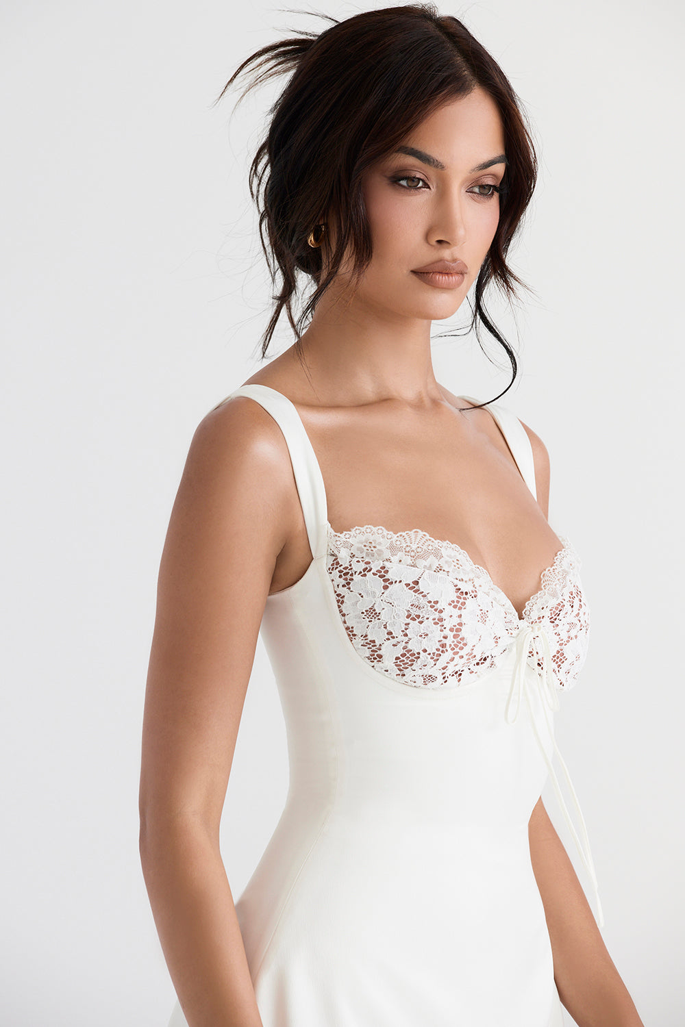 'Adriana' Ivory Satin & Lace Mini Dress