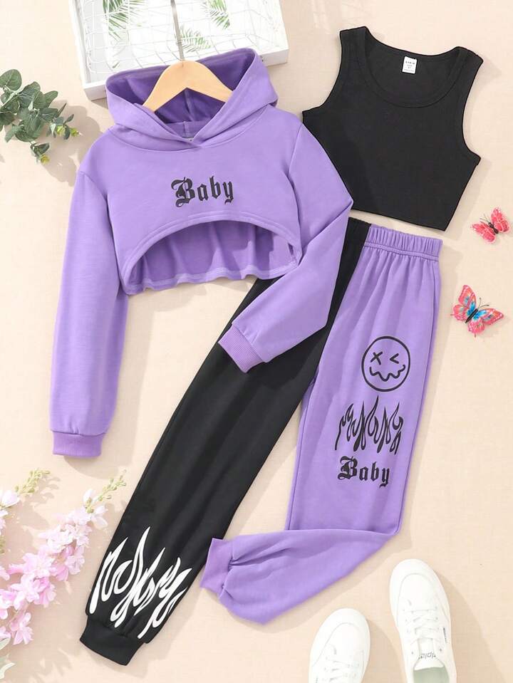 'Baby' Hoodie Tank Top Sweatpants 3pcs Set