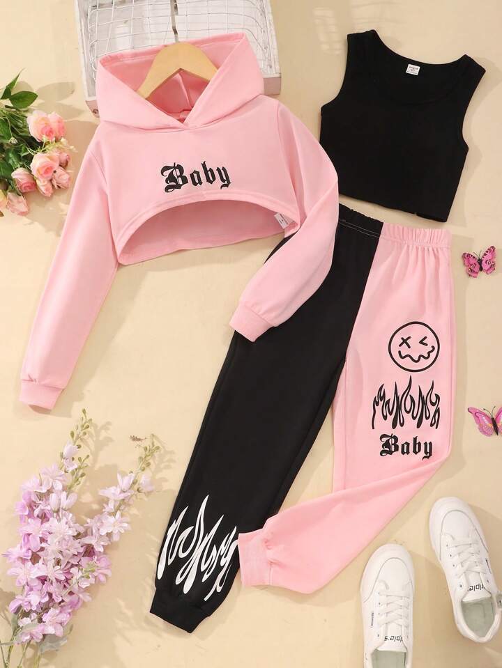 'Baby' Hoodie Tank Top Sweatpants 3pcs Set