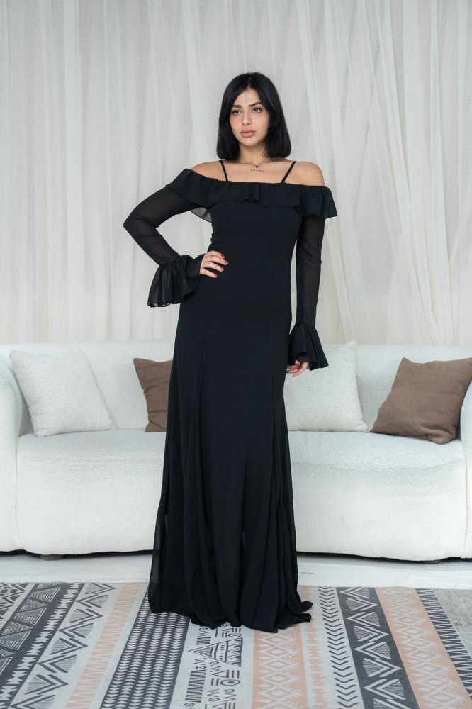 Black Off-Shoulder Bell Sleeves Chiffon Dress