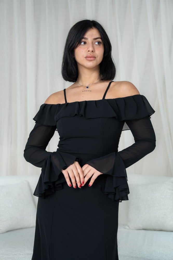 Black Off-Shoulder Bell Sleeves Chiffon Dress