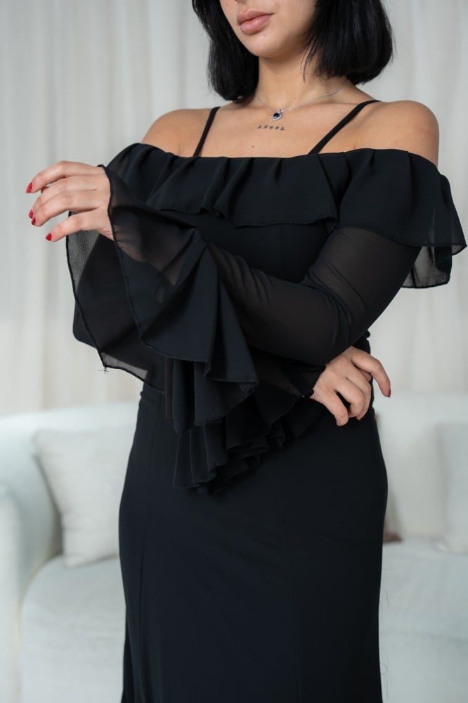 Black Off-Shoulder Bell Sleeves Chiffon Dress