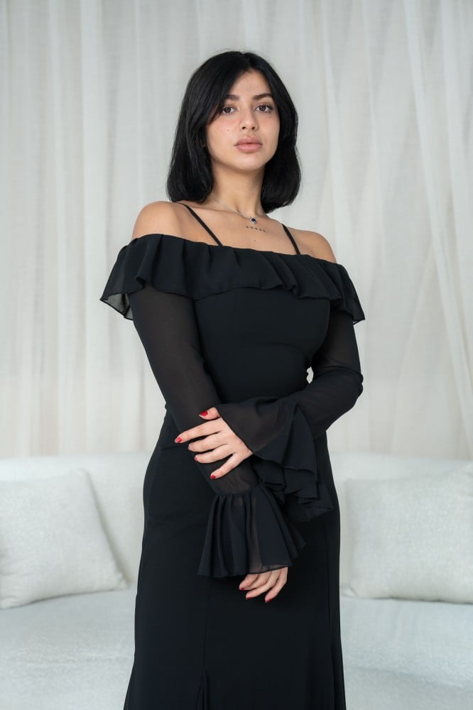 Black Off-Shoulder Bell Sleeves Chiffon Dress