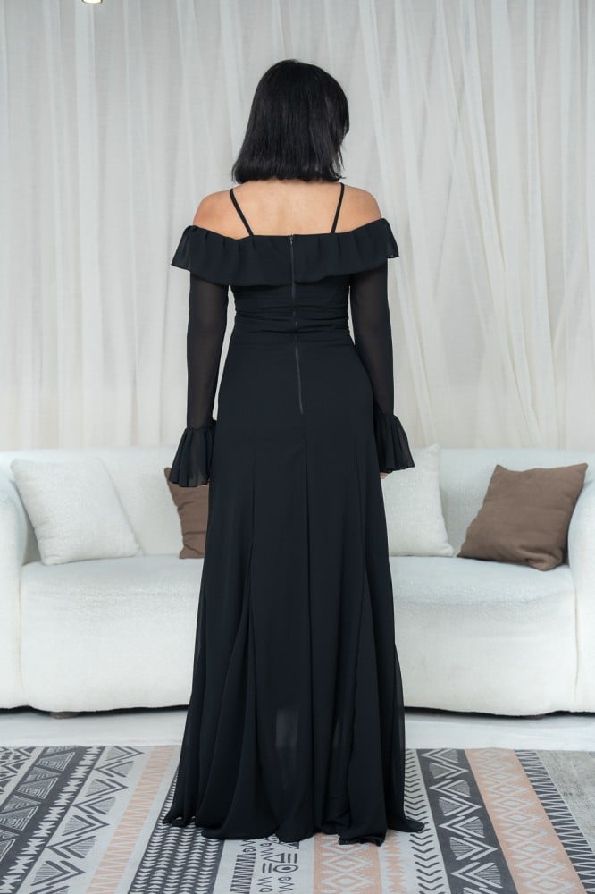 Black Off-Shoulder Bell Sleeves Chiffon Dress