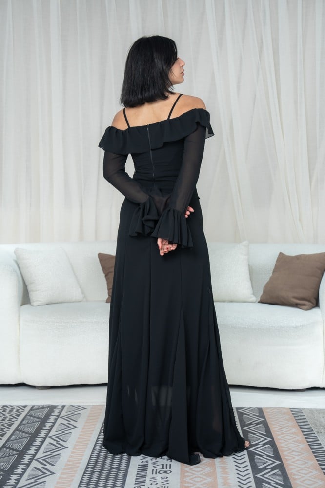 Black Off-Shoulder Bell Sleeves Chiffon Dress