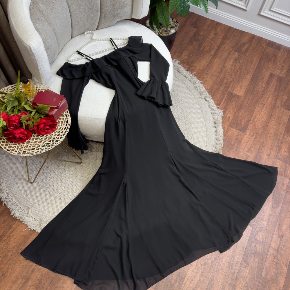 Black Off-Shoulder Bell Sleeves Chiffon Dress