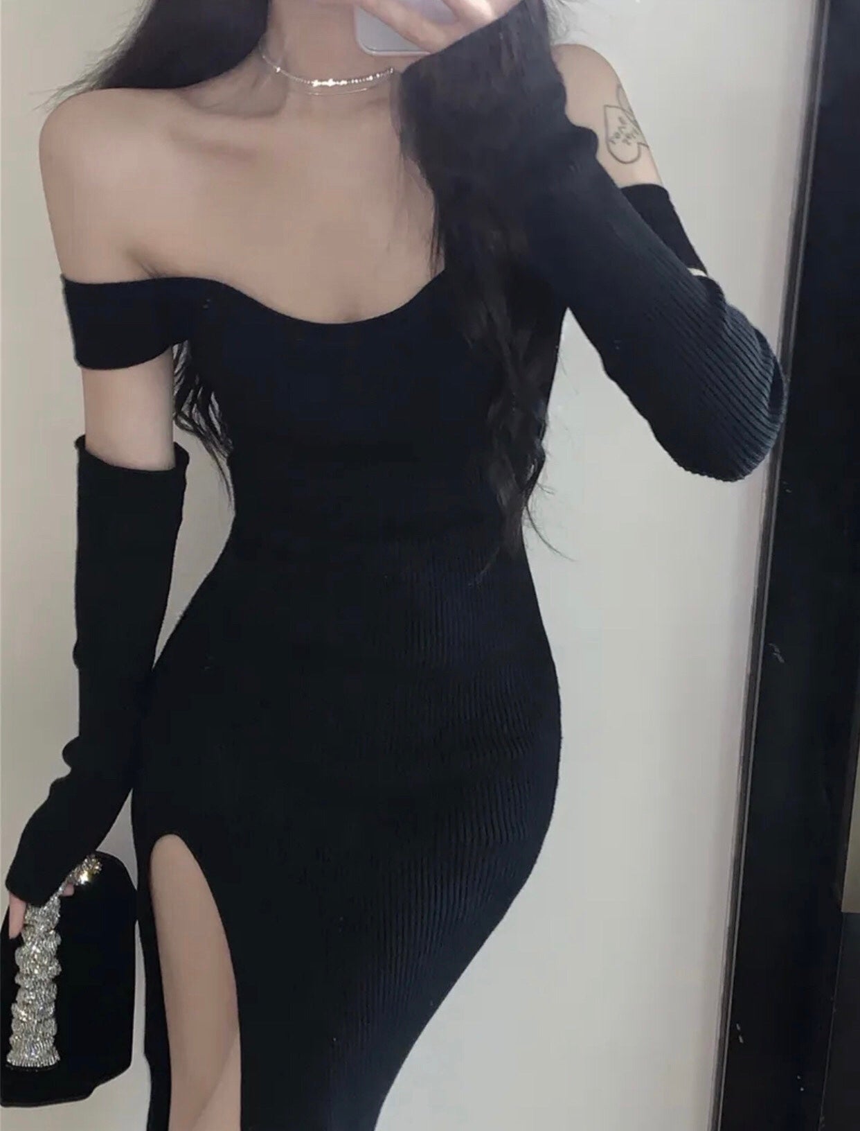 Black Off-Shoulder High Slit Sheath Dress