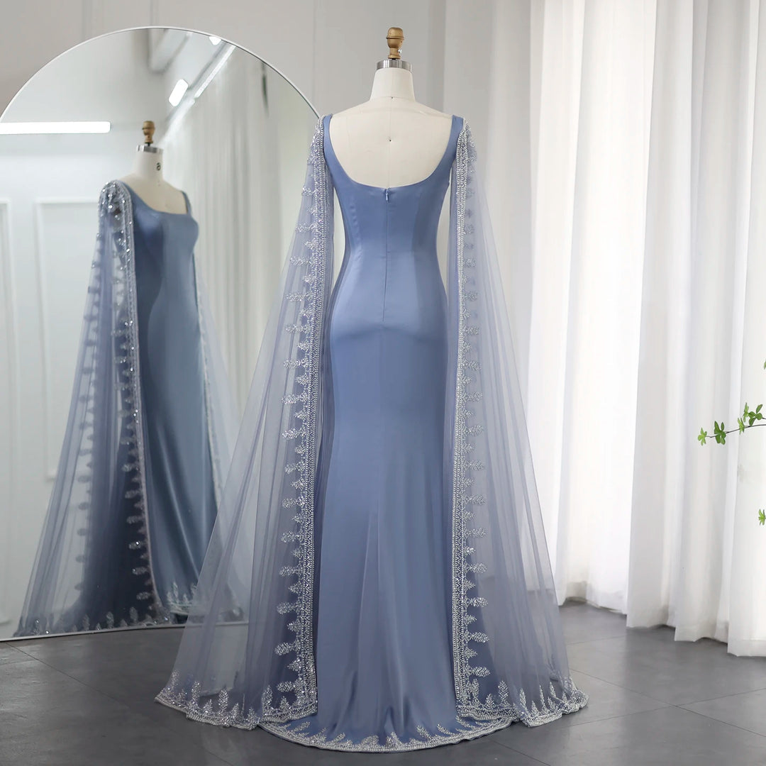 Blue Cape Sleeve Embroidered Trim Maxi Dress