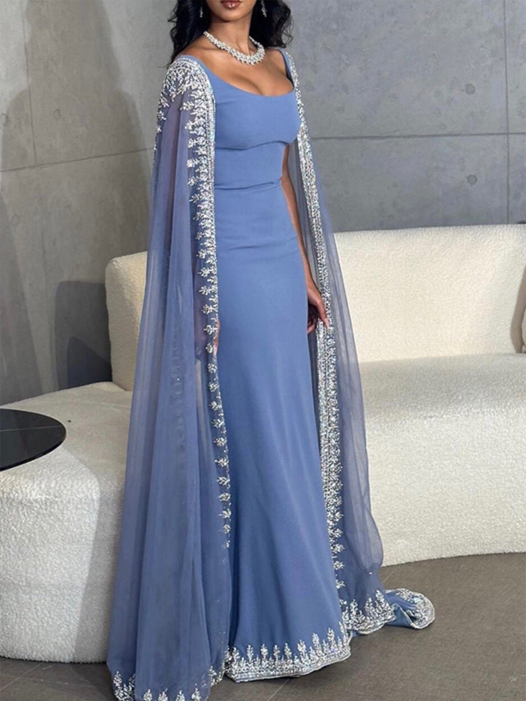 Blue Cape Sleeve Embroidered Trim Maxi Dress