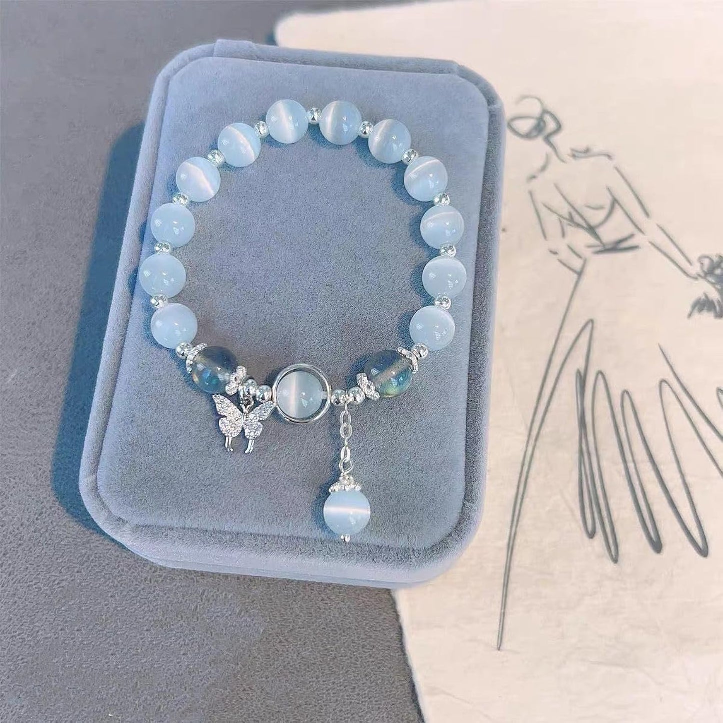 Blue Cat Eye Pearl Butterfly Bracelet