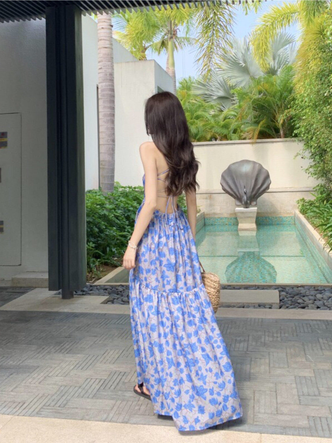 Blue Floral Criss-Cross Back Maxi Dress