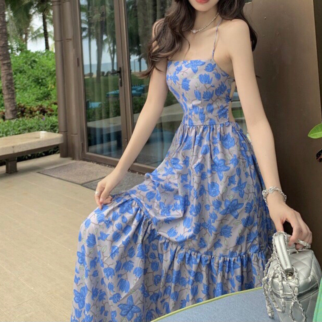 Blue Floral Criss-Cross Back Maxi Dress