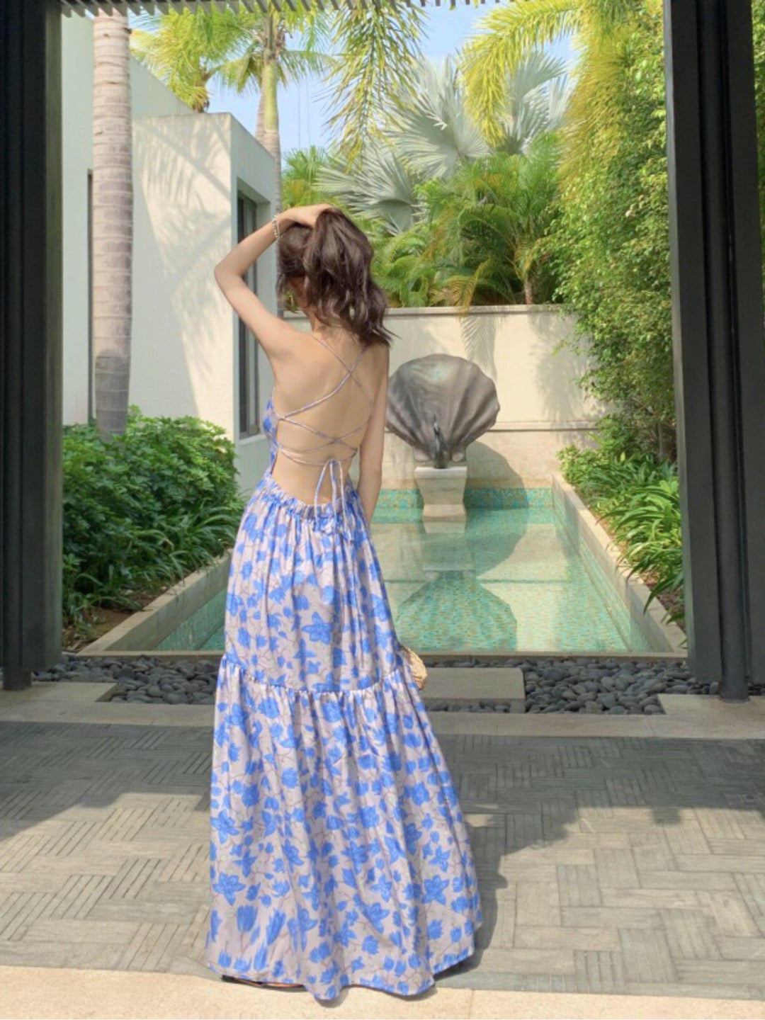 Blue Floral Criss-Cross Back Maxi Dress