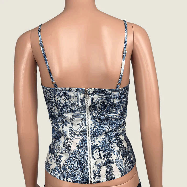 Blue Renaissance Print Structured Corset Top