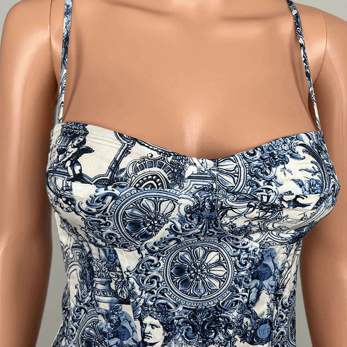 Blue Renaissance Print Structured Corset Top