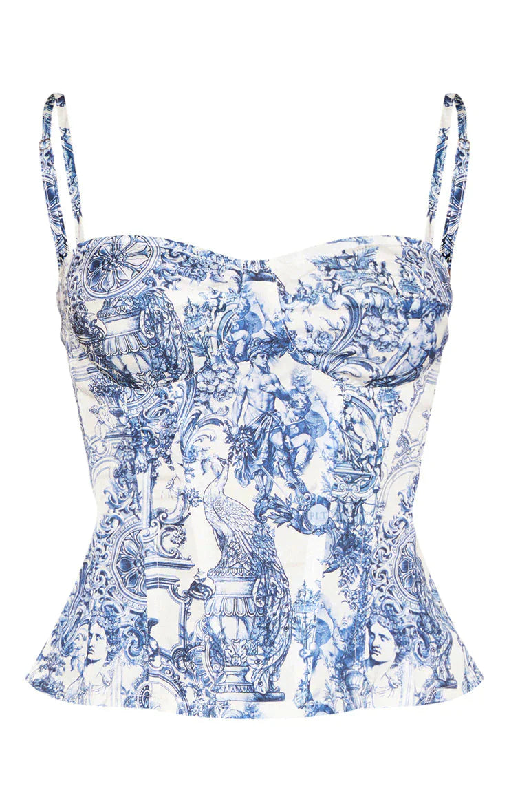 Blue Renaissance Print Structured Corset Top