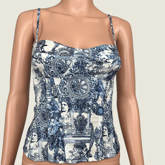 Blue Renaissance Print Structured Corset Top