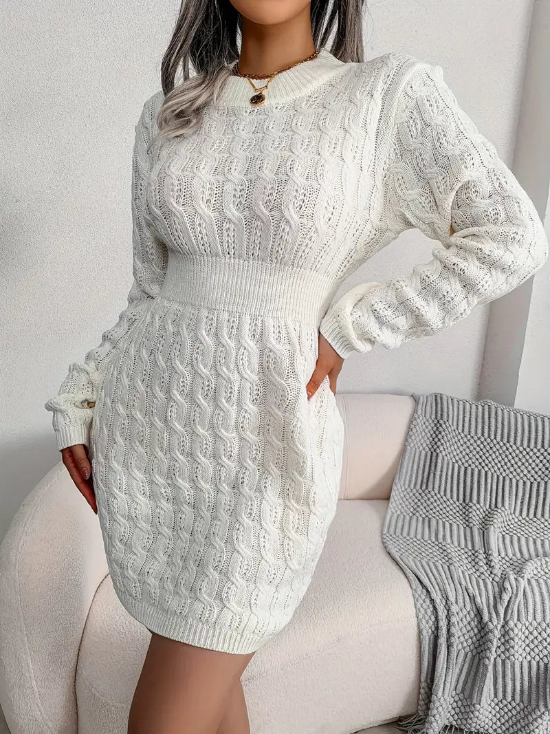 Body-Con Cable Knit Crewneck Sweater Dress