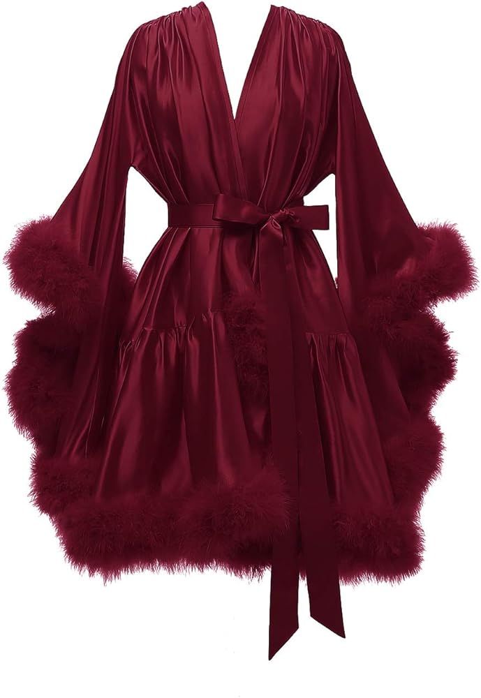 Boudoir Fur Trim Bell Sleeved Satin Robe