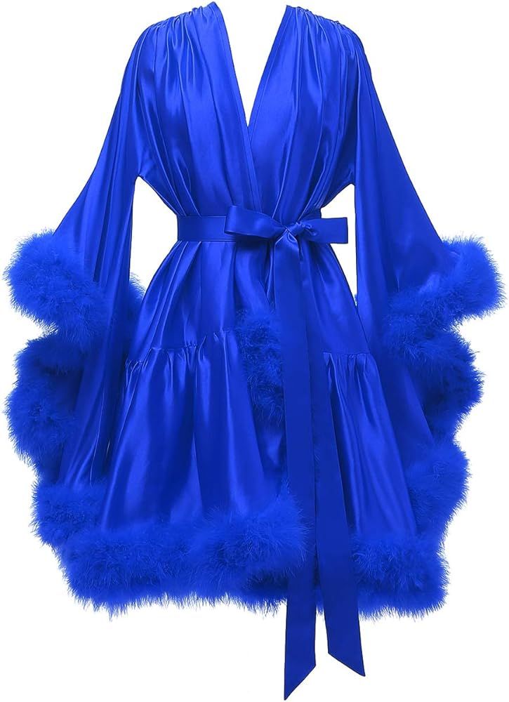 Boudoir Fur Trim Bell Sleeved Satin Robe