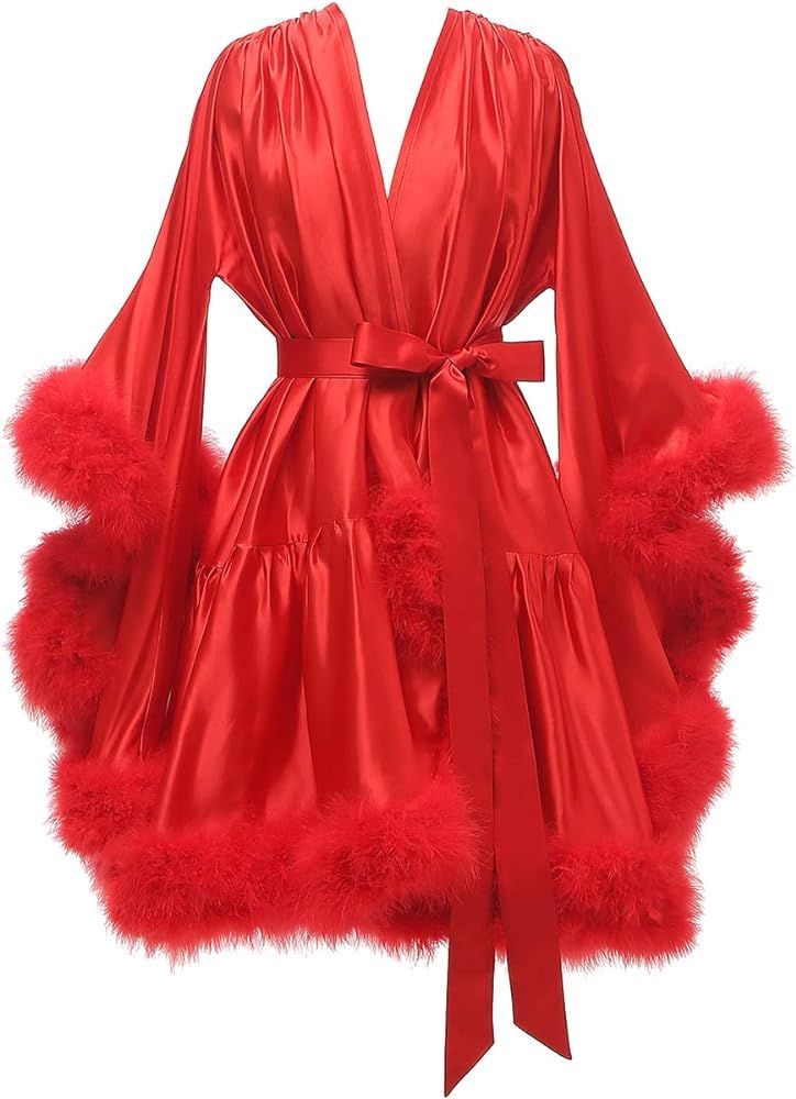 Boudoir Fur Trim Bell Sleeved Satin Robe