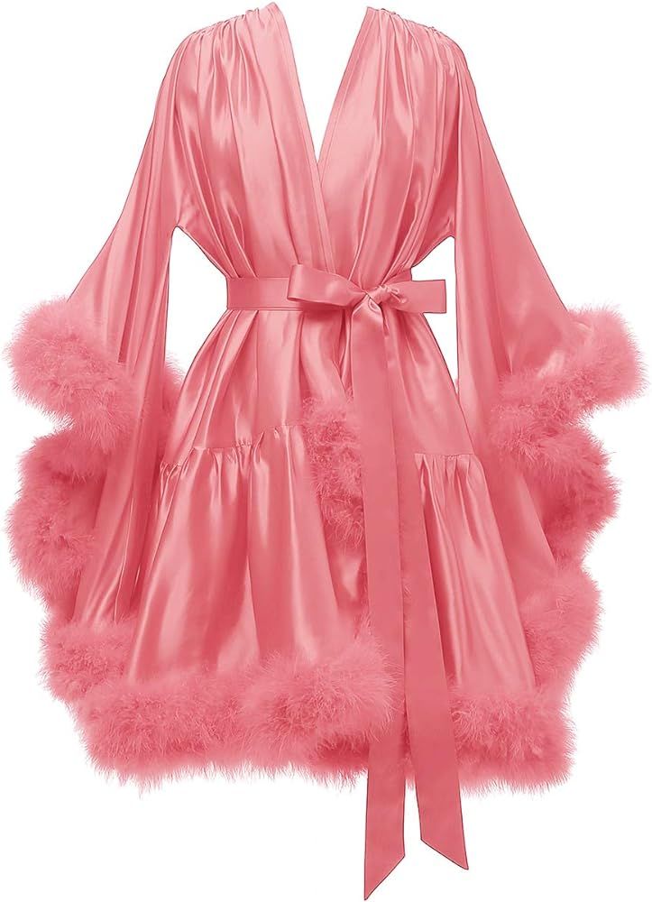 Boudoir Fur Trim Bell Sleeved Satin Robe