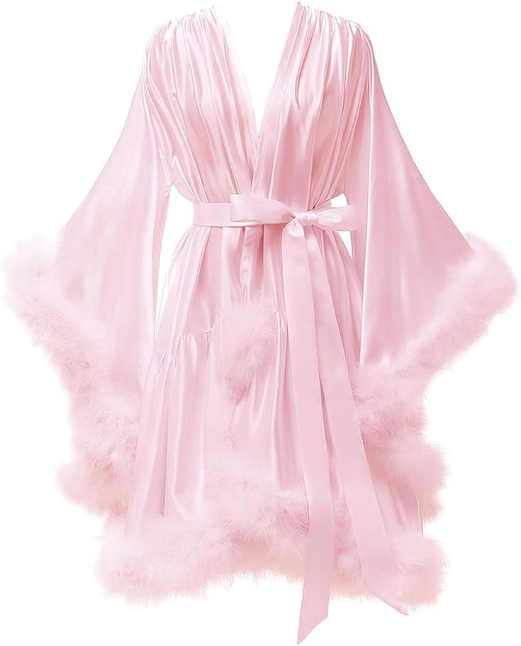 Boudoir Fur Trim Bell Sleeved Satin Robe