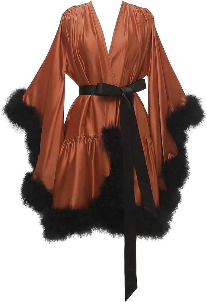 Boudoir Fur Trim Bell Sleeved Satin Robe