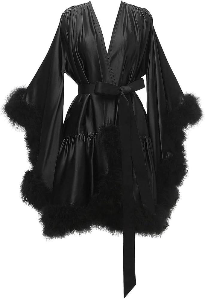 Boudoir Fur Trim Bell Sleeved Satin Robe