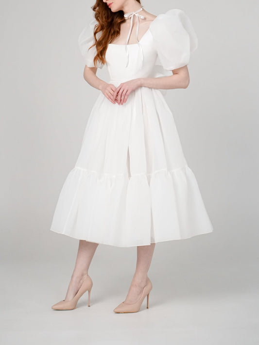 Bow Back Puff Sleeve Midi Dress