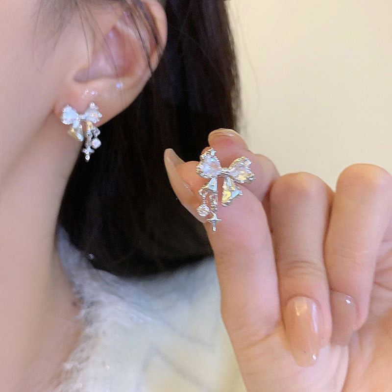 Bow Dangling Star & Stone Stud Earrings