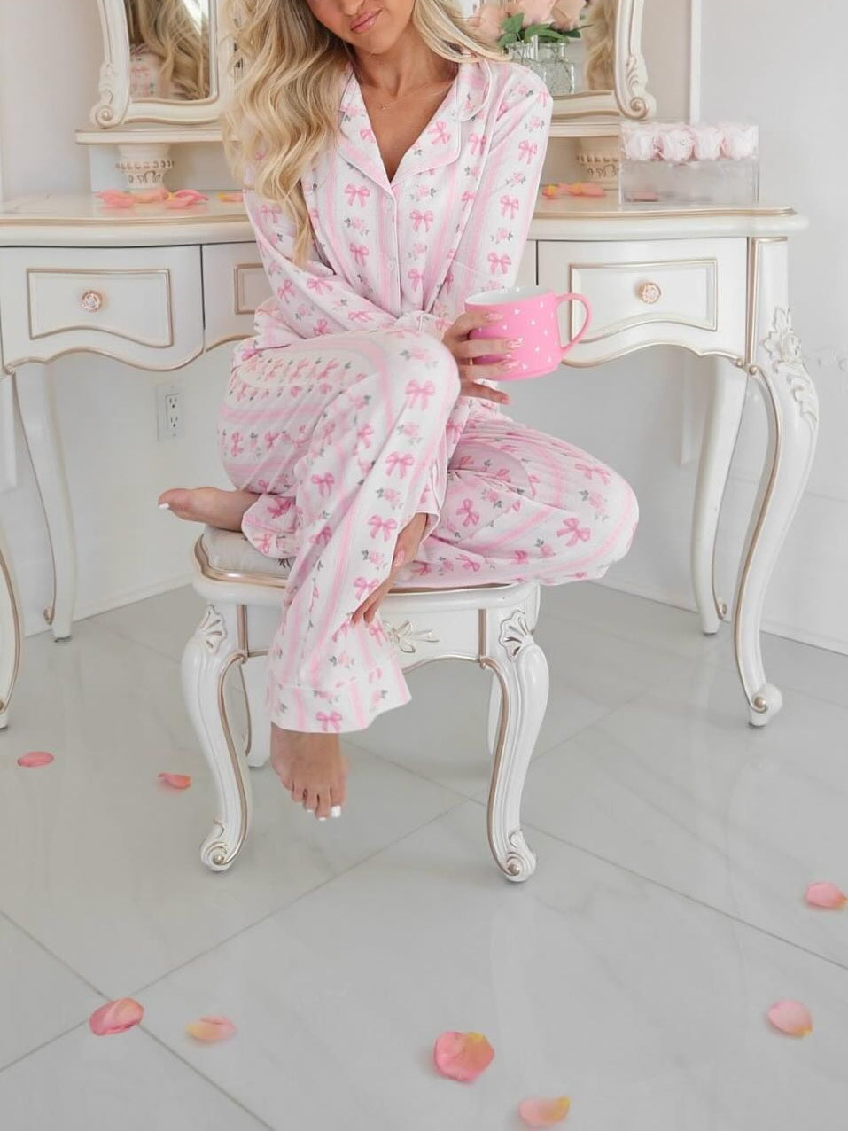 Bow Floral Print Striped Pajama Set