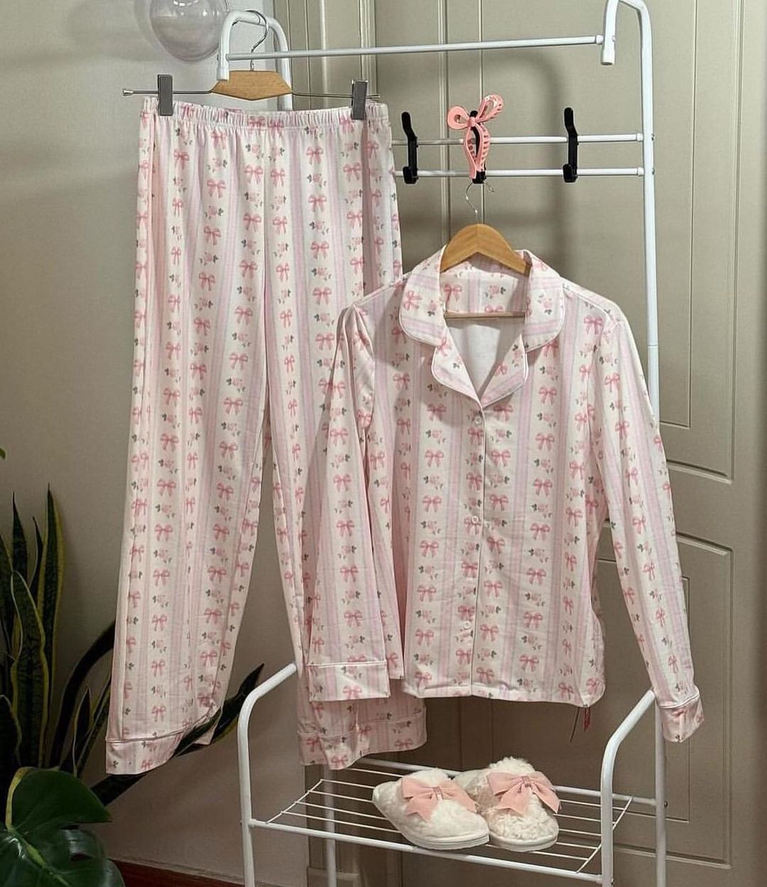 Bow Floral Print Striped Pajama Set