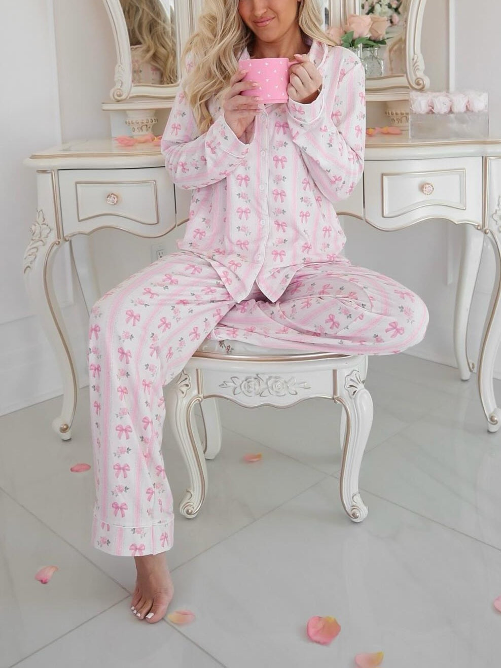 Bow Floral Print Striped Pajama Set