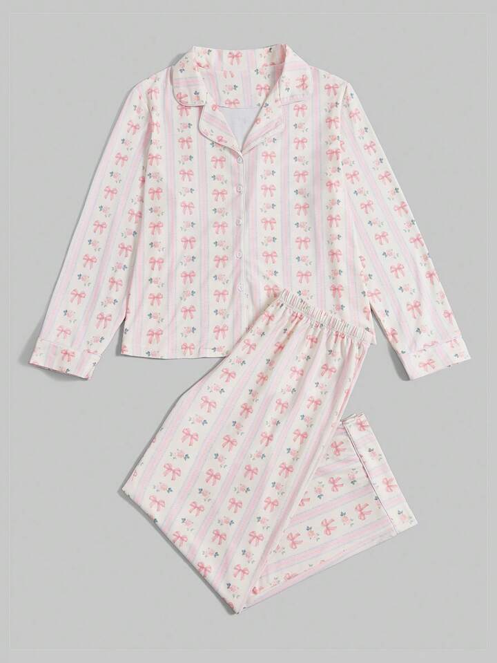 Bow Floral Print Striped Pajama Set