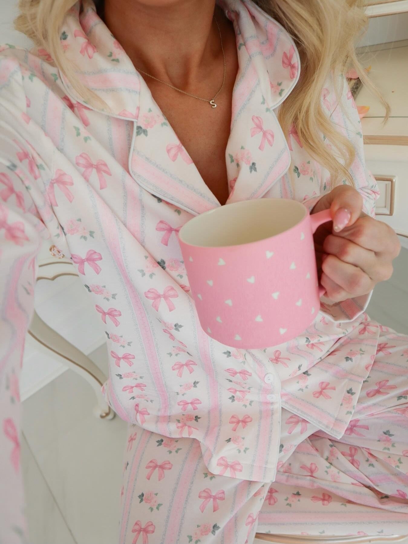 Bow Floral Print Striped Pajama Set