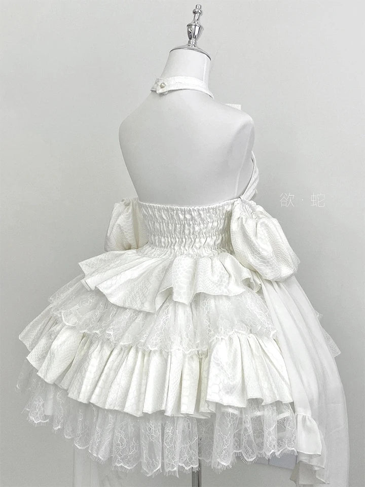 Bow Halterneck Off-Shoulder Ruffle Layered Lolita Dress