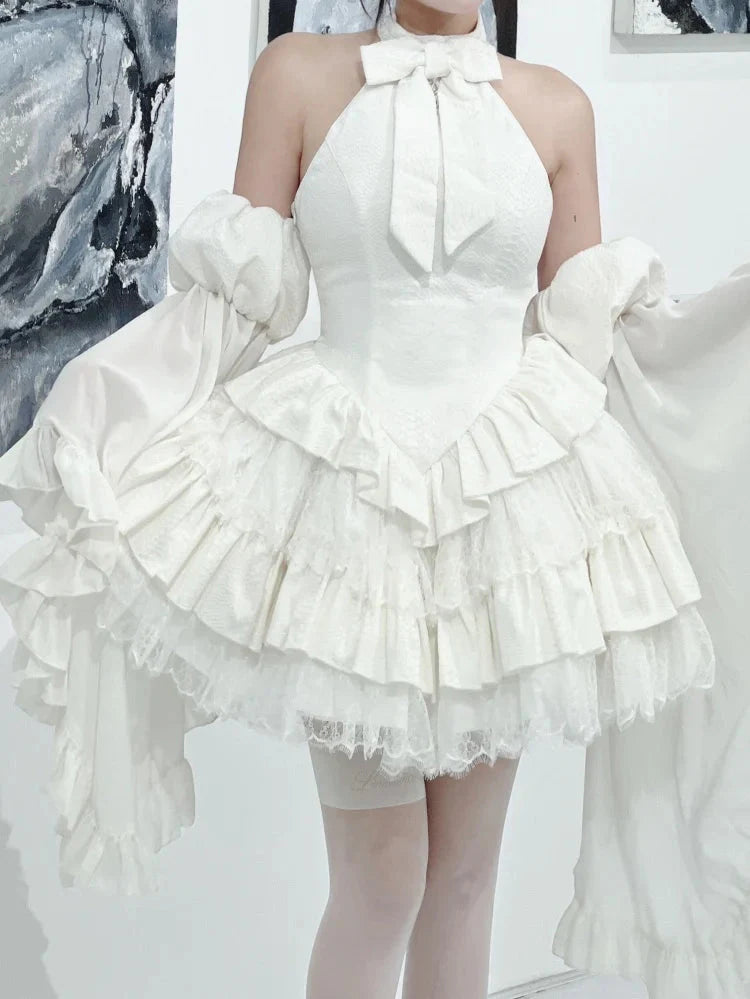 Bow Halterneck Off-Shoulder Ruffle Layered Lolita Dress