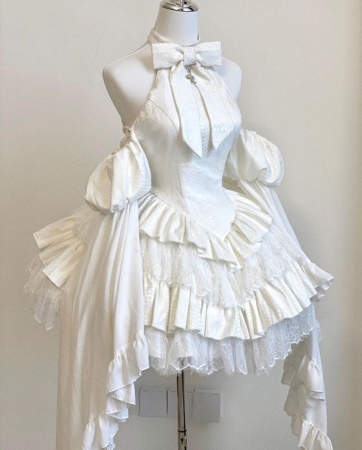 Bow Halterneck Off-Shoulder Ruffle Layered Lolita Dress