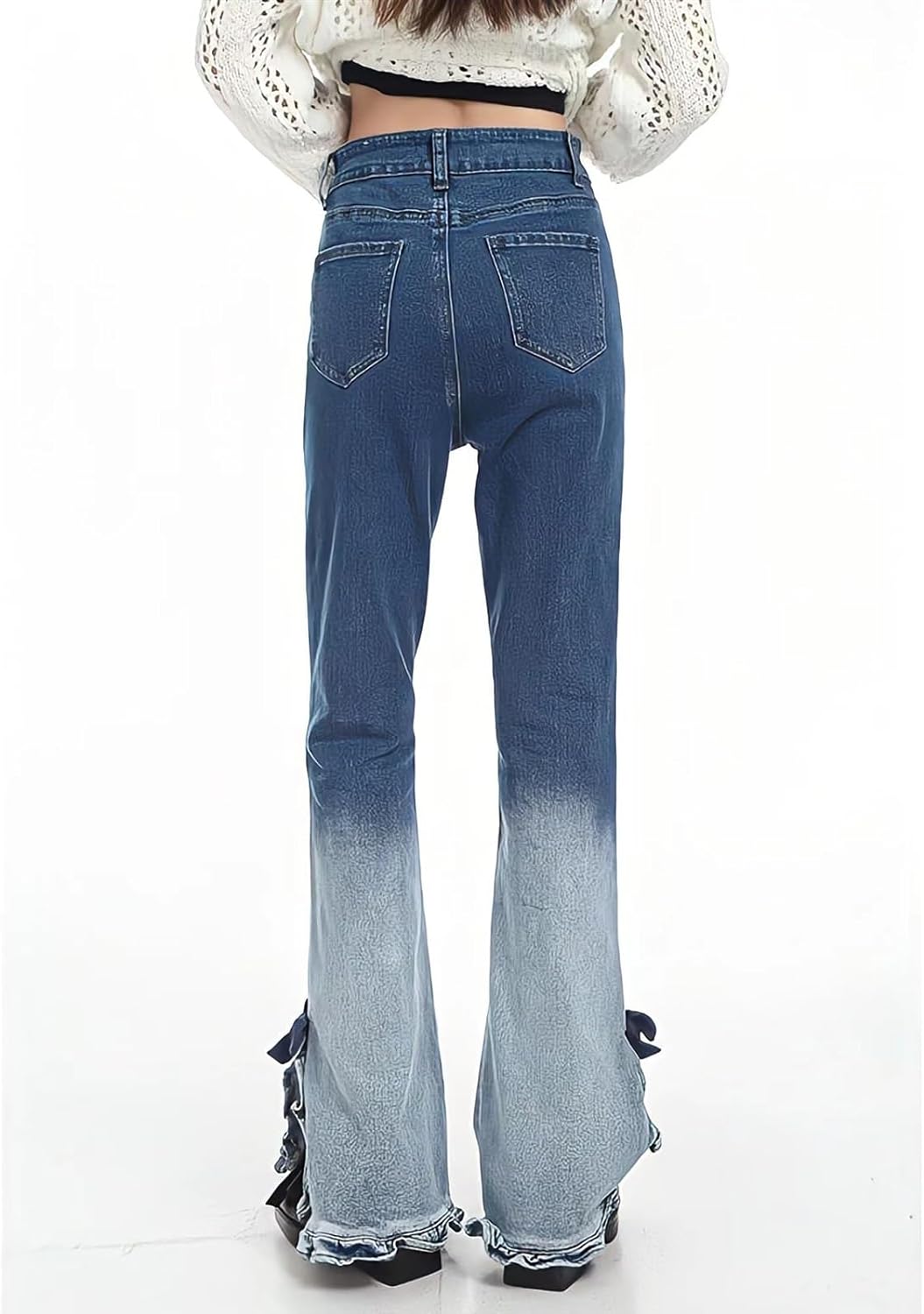 Bow Ruffle Slit Gradient Flare Jeans