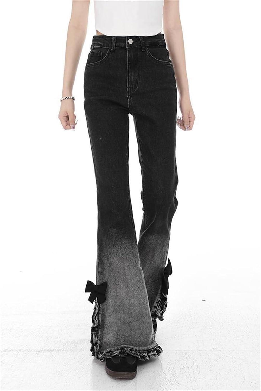 Bow Ruffle Slit Gradient Flare Jeans