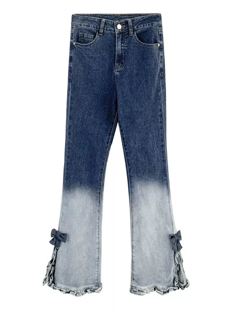 Bow Ruffle Slit Gradient Flare Jeans