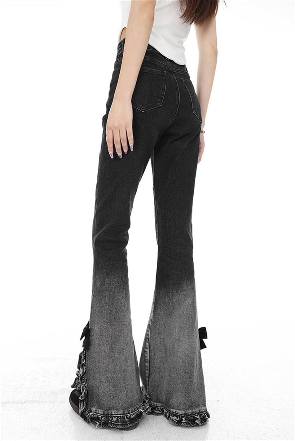 Bow Ruffle Slit Gradient Flare Jeans