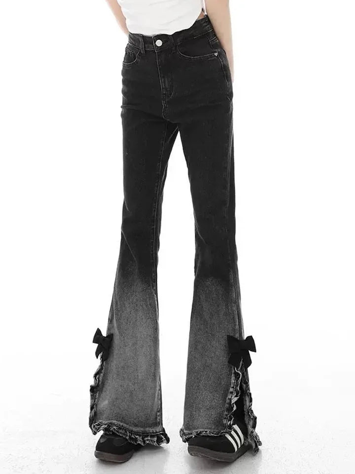 Bow Ruffle Slit Gradient Flare Jeans